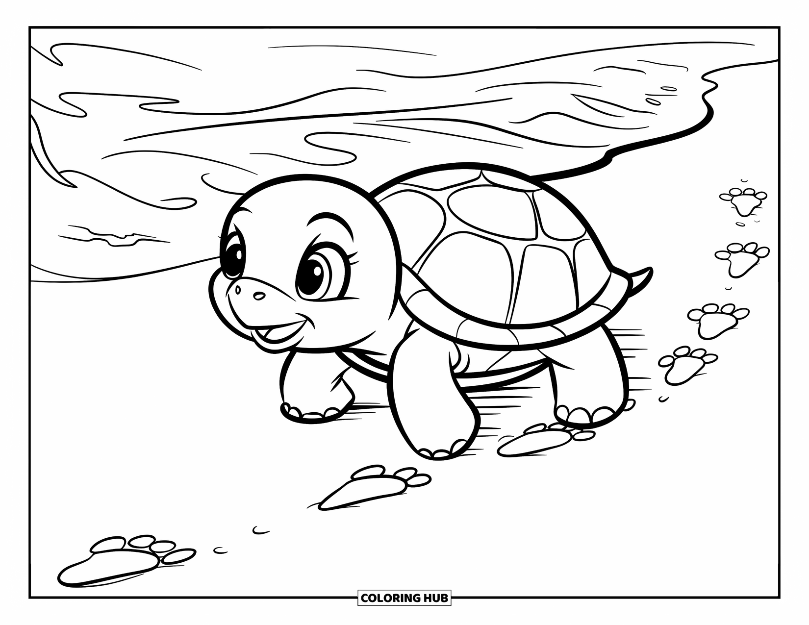 Turtle Coloring Page for Kids: A tiny turtle waddles across a beach, following its footprints toward the water