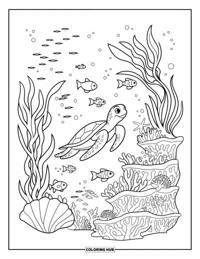 Desenho de tartarugas para colorir para crianças: Uma tartaruga explora um recife cheio de plantas marinhas ondulantes e peixes brilhantes