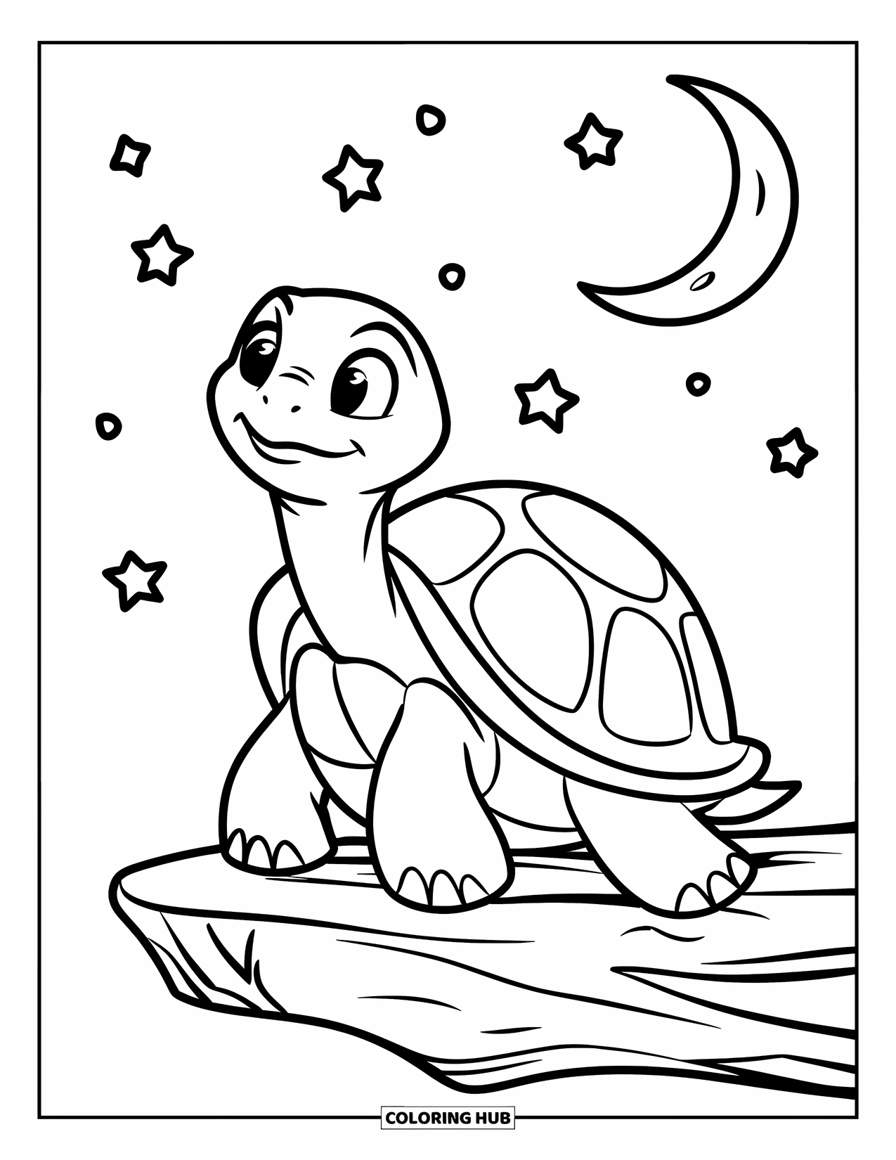 Turtle Coloring Page for Kids: A turtle floats on a drifting log, gazing at the stars in the quiet night sky
