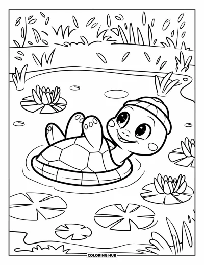 Desenho de tartarugas para colorir para crianças: Uma tartaruga flutua de barriga para cima em um lago, cercada por vitórias-régias