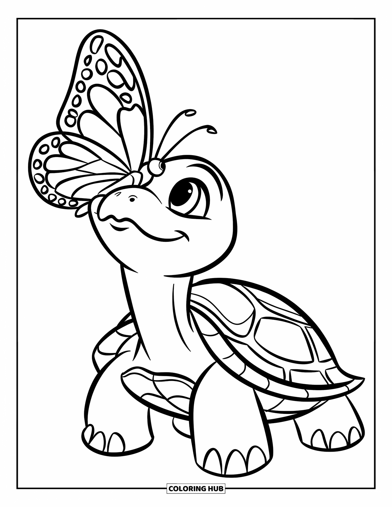 Turtle Coloring Page for Kids: A turtle gazes up as a butterfly delicately lands on its nose