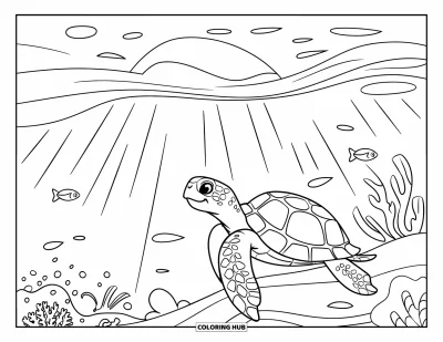 Desenho de tartarugas para colorir para crianças: Uma tartaruga olha para a superfície do oceano enquanto a luz do sol atravessa as águas profundas