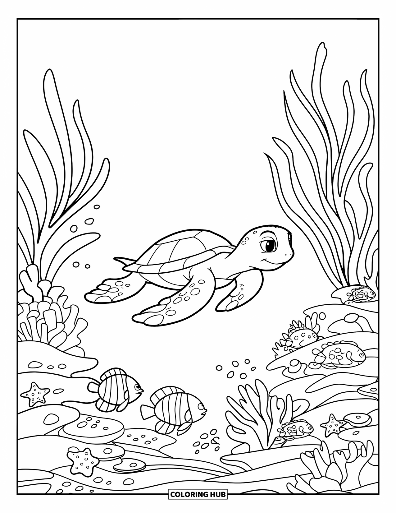 Turtle Coloring Page for Kids: A turtle glides through a vibrant coral reef, passing swaying sea plants and tiny fish