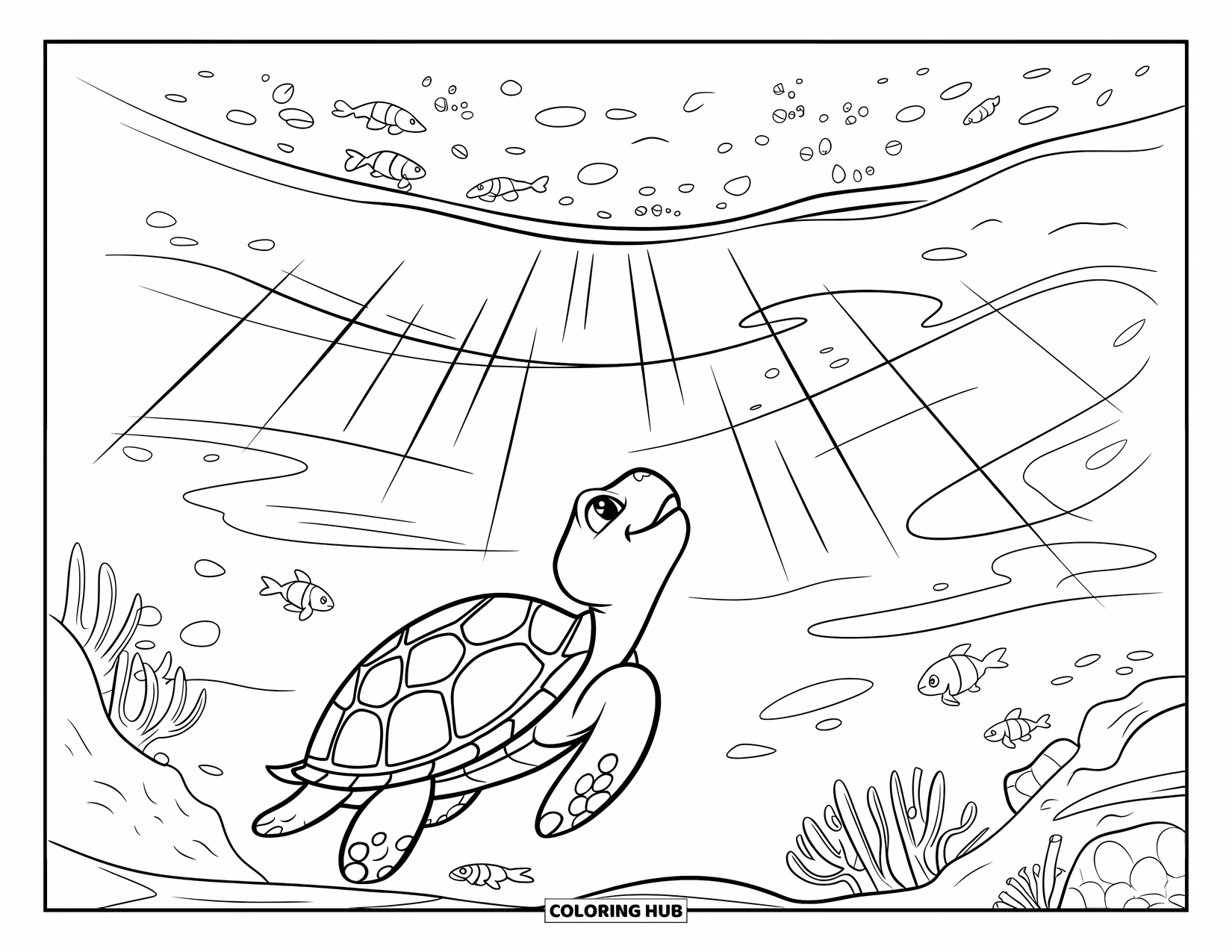 Turtle Coloring Page for Kids: A turtle glides through swirling currents, illuminated by rays of light from above