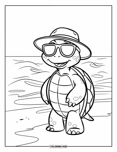 Desenho de tartarugas para colorir para crianças: Uma tartaruga de óculos escuros e chapéu está na margem, curtindo a brisa do mar