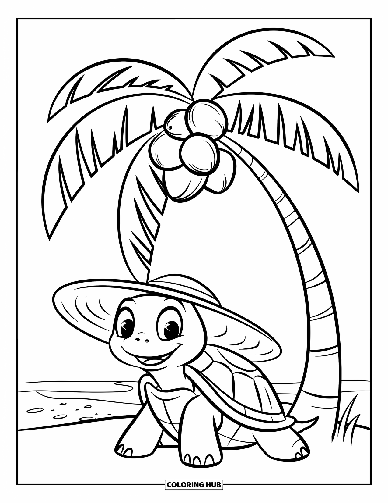 Turtle Coloring Page for Kids: A turtle relaxes under a palm tree, with coconuts hanging above