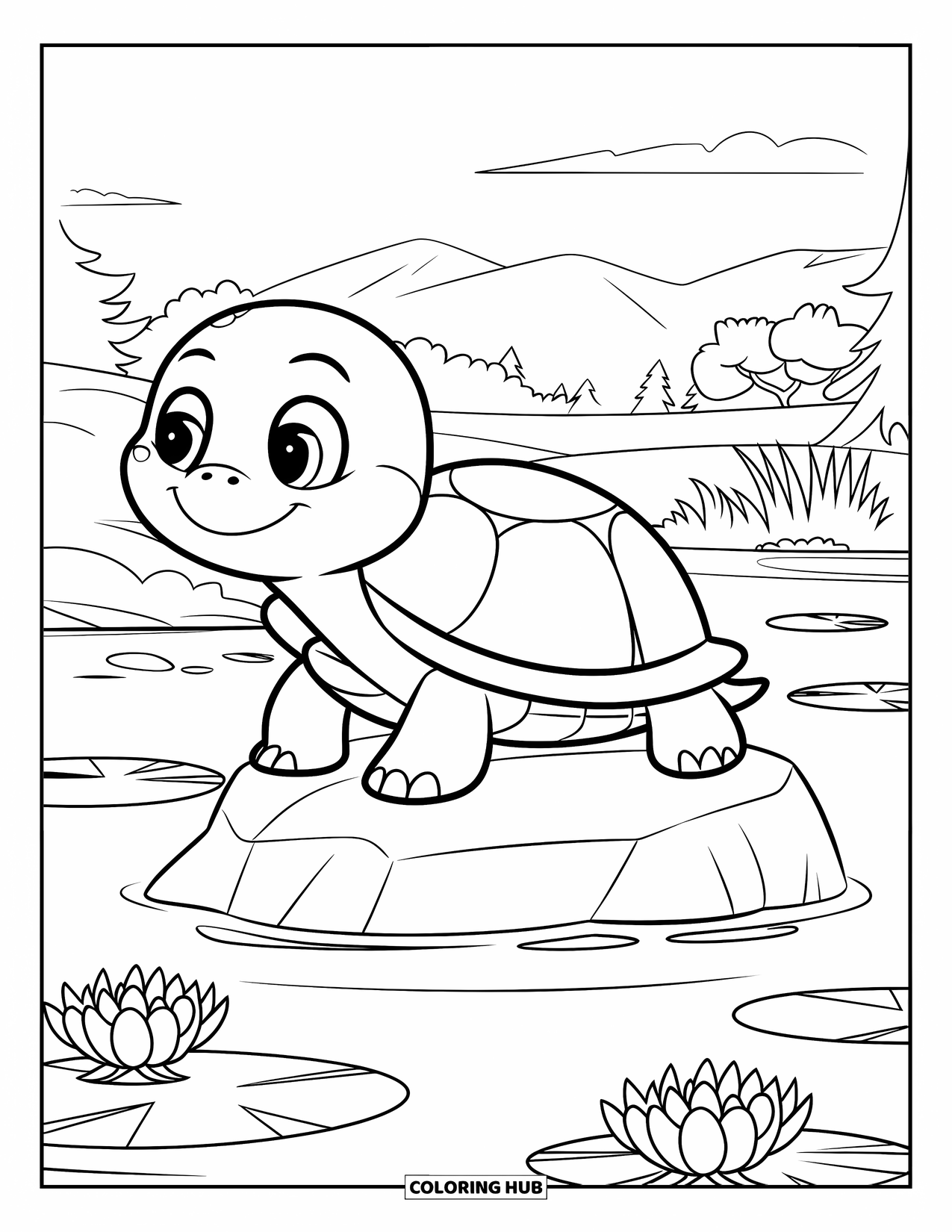 Turtle Coloring Page for Kids: A turtle rests on a rock in a pond, surrounded by water lilies and mountains
