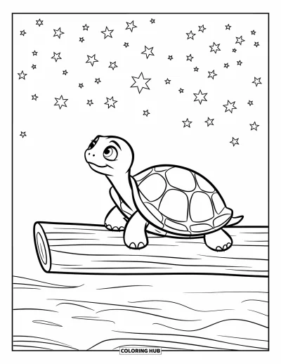 Desenho de tartarugas para colorir para crianças: Uma tartaruga está sentada calmamente em um tronco, vendo a lua crescente surgir sobre a água