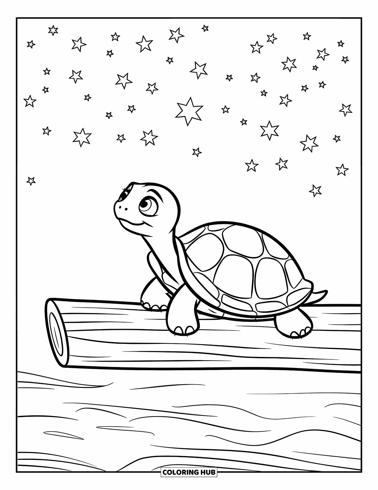 Turtle Coloring Page for Kids: A turtle sits calmly on a log, watching the crescent moon rise above the water