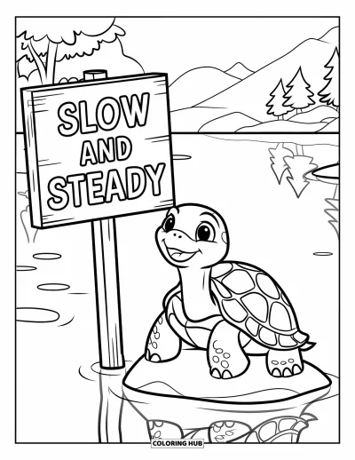 Desenho de tartarugas para colorir para crianças: Uma tartaruga está sentada em uma pedra na água calma, ao lado de uma placa com 