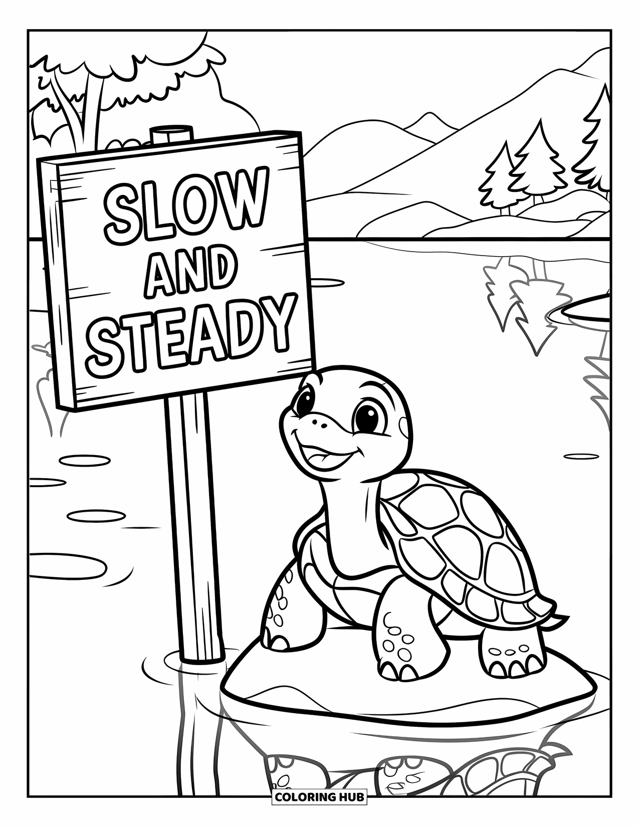 Turtle Coloring Page for Kids: A turtle sits on a rock in calm water, next to a sign that says "Slow and Steady