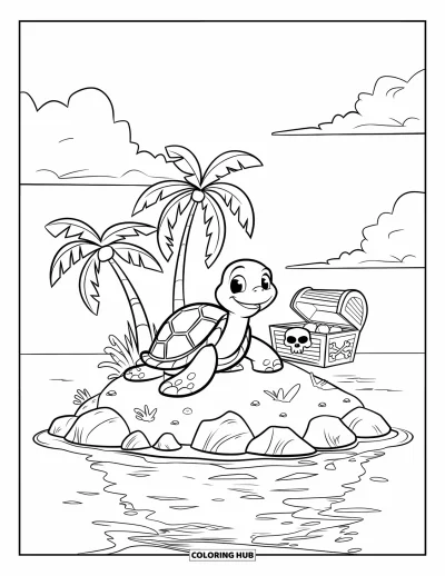 Desenho de tartarugas para colorir para crianças: Uma tartaruga está sentada em uma ilha, sorrindo ao lado de um baú do tesouro perto da água