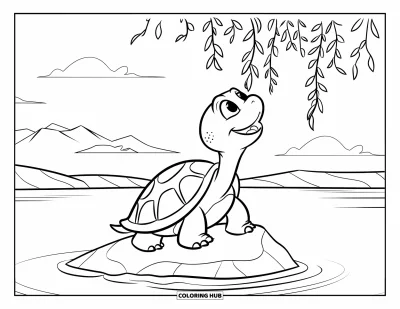Desenho de tartarugas para colorir para crianças: Uma tartaruga se estica para alcançar uma trepadeira enquanto está sentada em uma pedra em um lago tranquilo