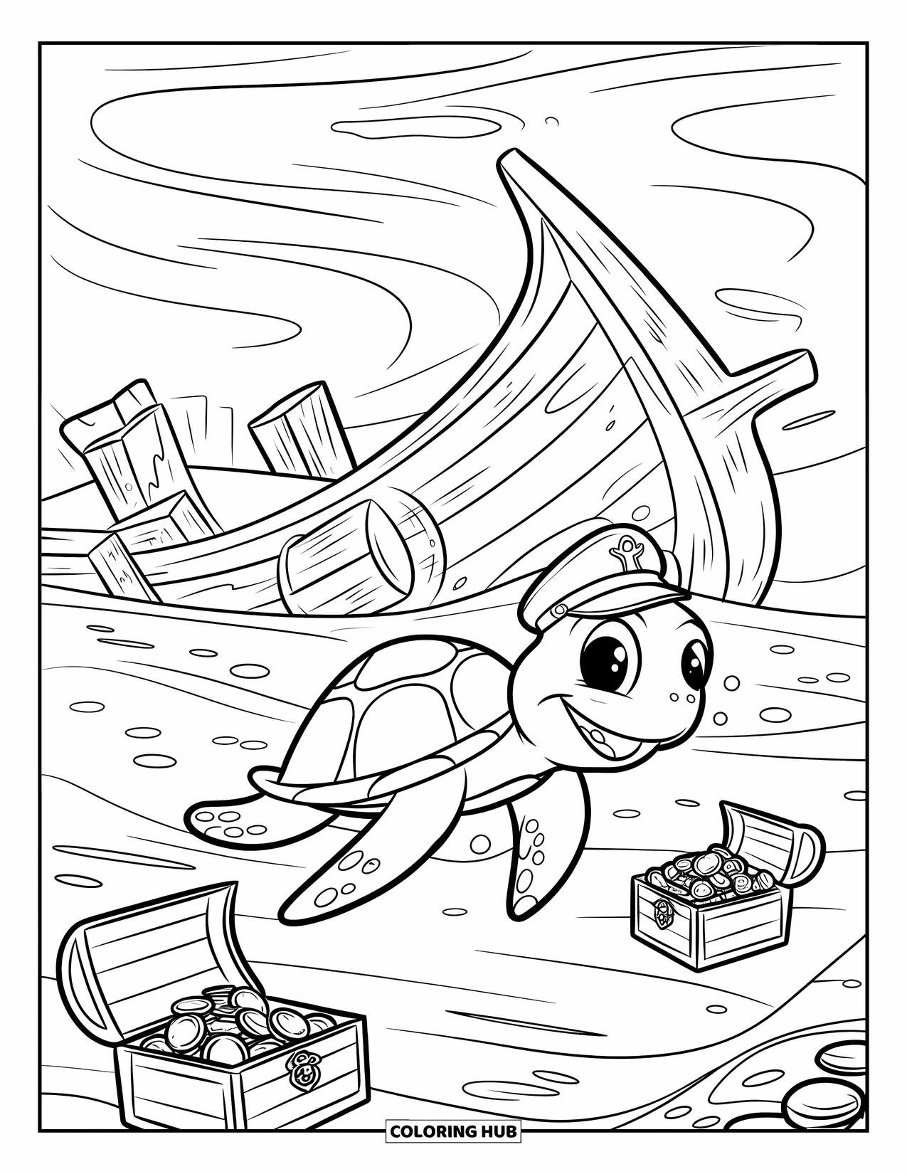 Turtle Coloring Page for Kids: A turtle swims near a sunken shipwreck, where treasure glimmers beneath the waves