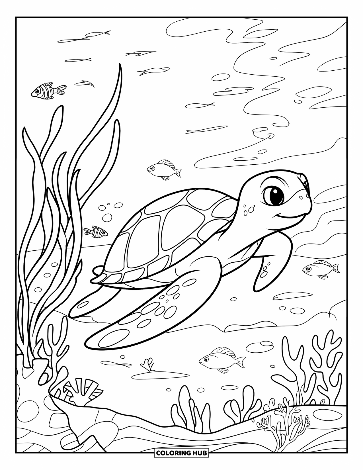Turtle Coloring Page for Kids: A turtle swims past colorful coral and playful sea creatures in a lively reef