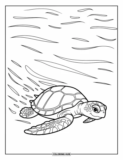 Desenho de tartarugas para colorir para crianças: Uma tartaruga nada tranquilamente no oceano aberto, cercada por ondas suaves