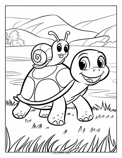Desenho de tartarugas para colorir para crianças: Uma tartaruga com um chapéu fofinho carrega um pequeno caracol nas costas em um cenário tranquilo