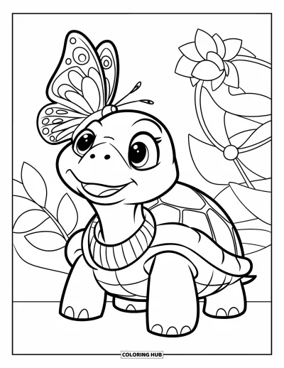 Desenho de tartarugas para colorir para crianças: Uma tartaruga vestindo suéter observa uma borboleta, com flores e folhas ao fundo