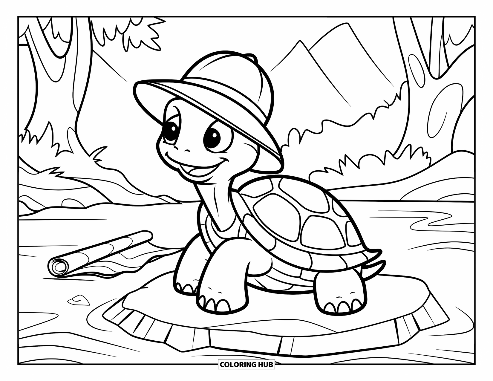 Turtle Coloring Page for Kids: A turtle wearing an explorerís hat sits on a rock, studying a rolled-up map nearby