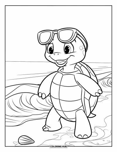 Desenho de tartarugas para colorir para crianças: Uma tartaruga usando óculos escuros está na margem, observando as ondas do oceano