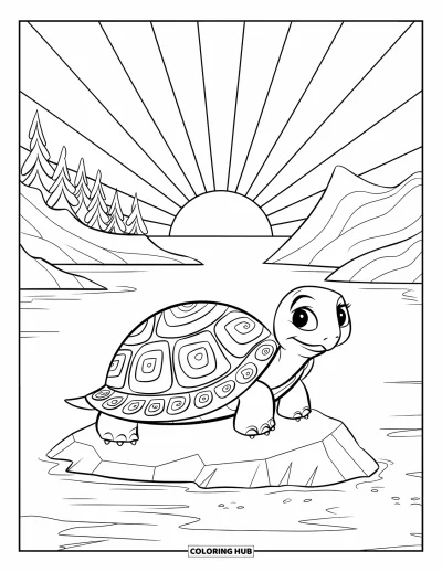Desenho de tartarugas para colorir para crianças: Uma tartaruga com casco lindamente estampado descansa perto de um lago com flores de lótus e um pagode