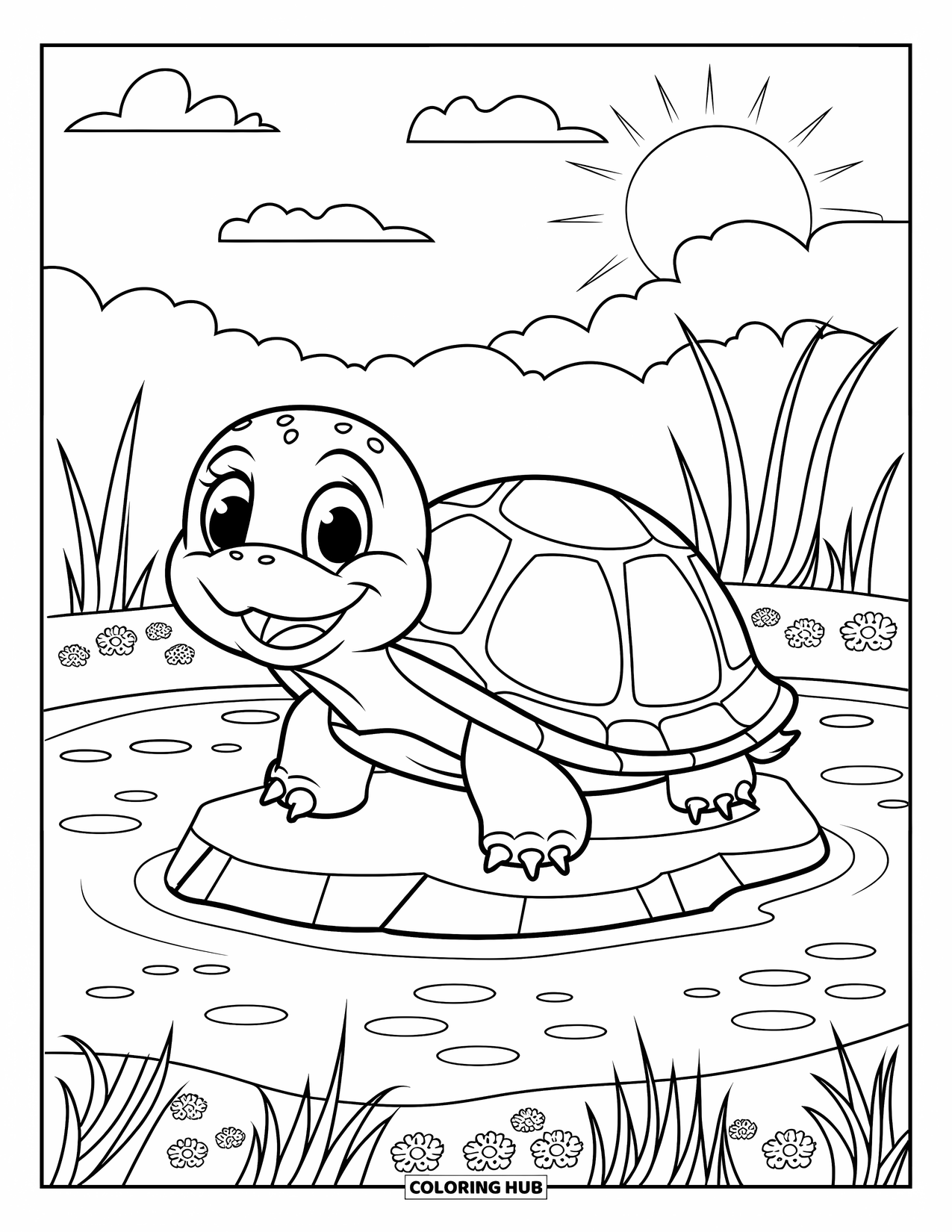 Turtle Coloring Page for Kids: A turtle with a big round shell rests on a rock in a sunny pond