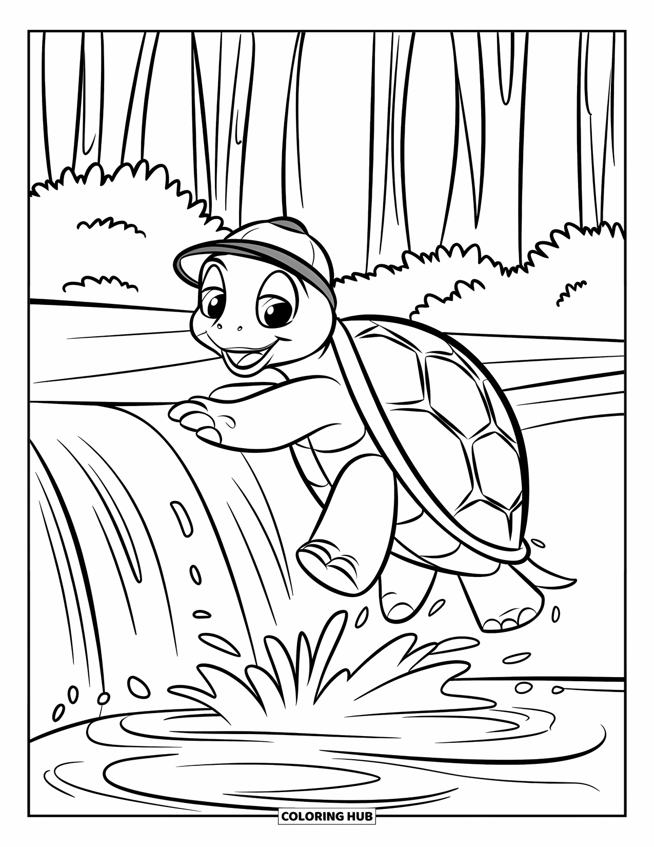 Turtle Coloring Page for Kids: A turtle with a bright leaf hat makes its way up a cascading waterfall