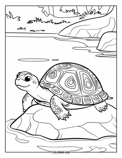 Desenho de tartarugas para colorir para crianças: Uma tartaruga com casco decorado toma sol em uma pedra, cercada por uma paisagem natural tranquila