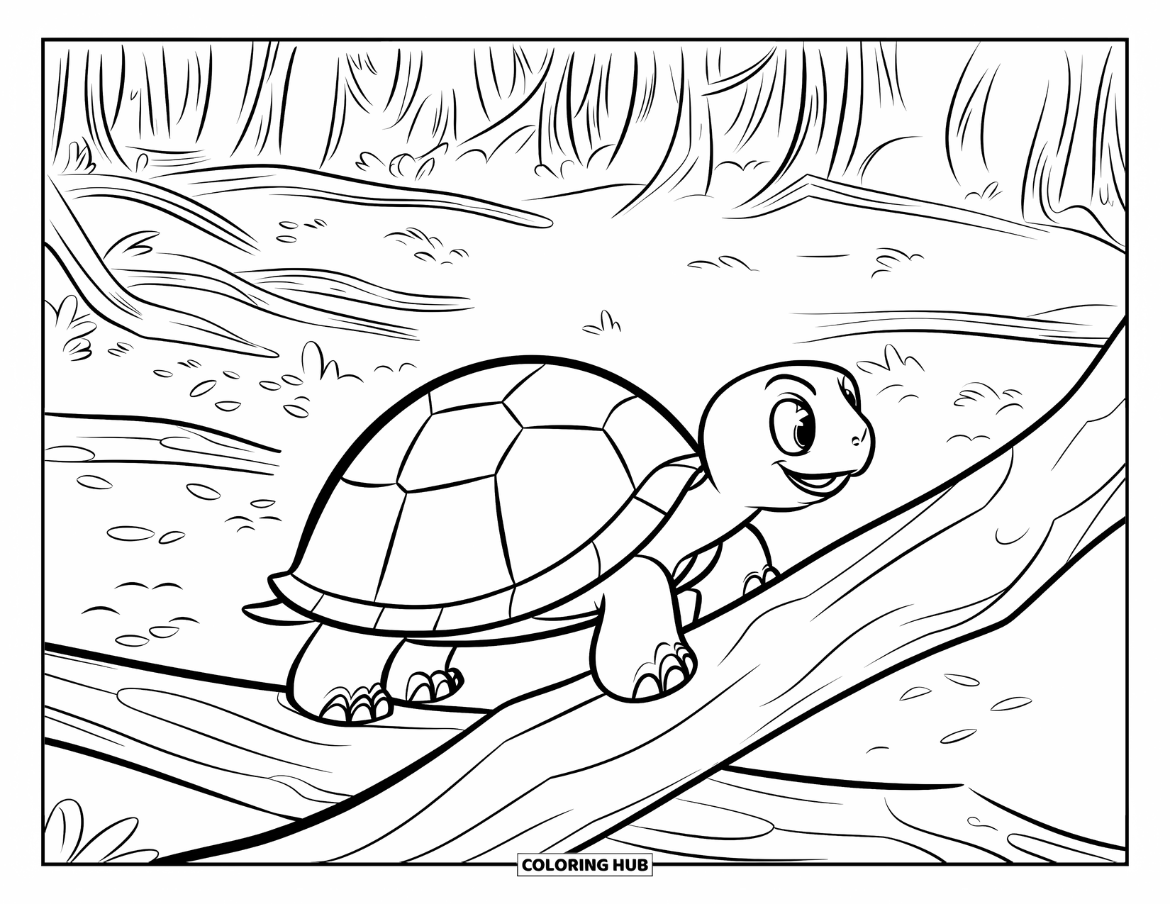 Turtle Coloring Page for Kids: A turtle with a round shell explores the woods, stepping over branches and soft moss