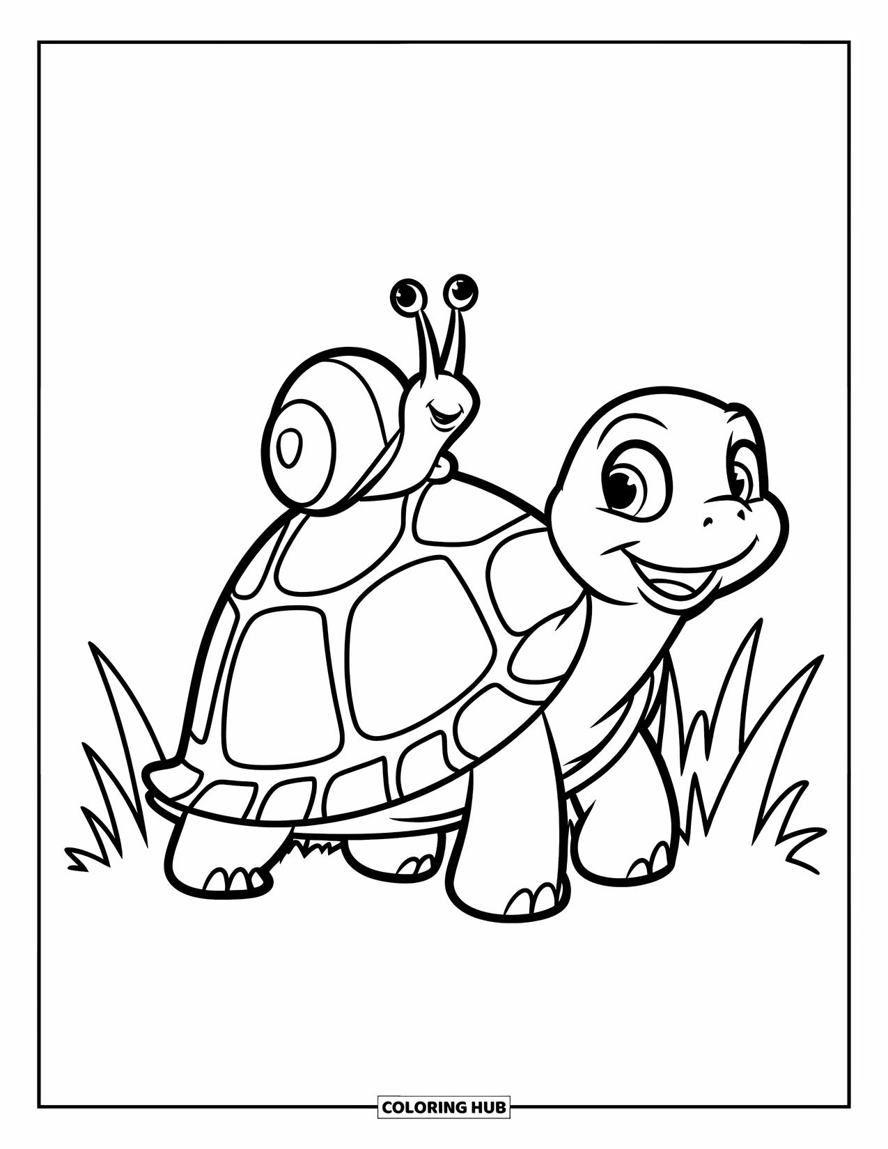 Turtle Coloring Page for Kids: A turtle with a snail on its back walks through a grassy area with flowers and a fence
