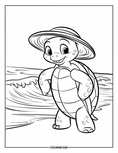 Desenho de tartarugas para colorir para crianças: Uma tartaruga com chapéu de palha sorri enquanto observa as ondas chegando