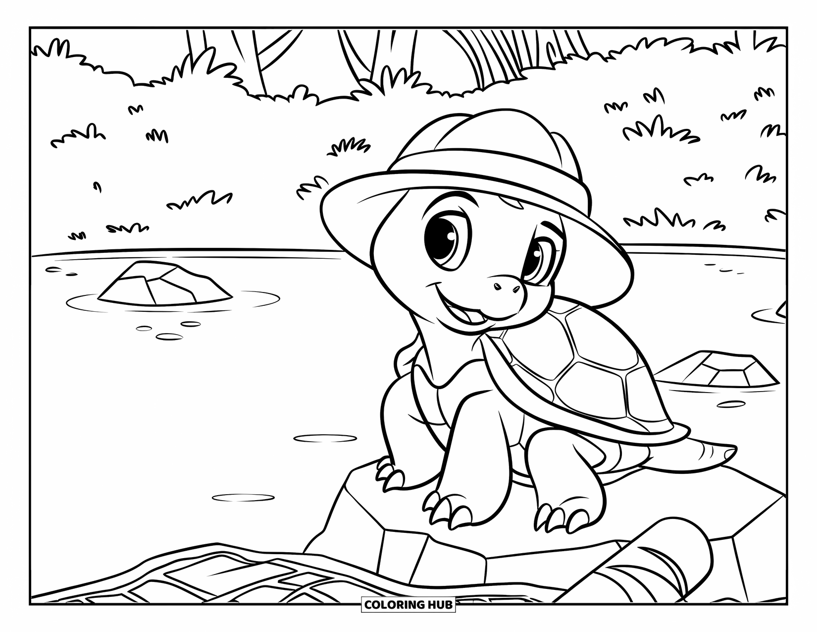 Turtle Coloring Page for Kids: A turtle with a traveler's hat and a map pauses near a peaceful forest lake