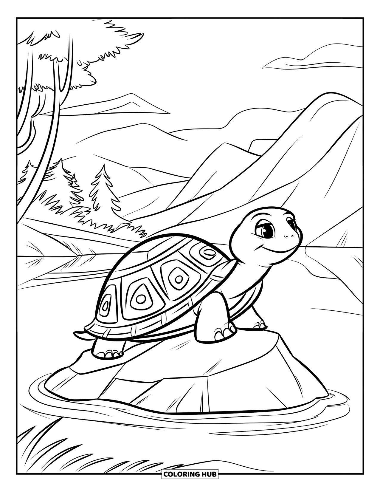 Turtle Coloring Page for Kids: A turtle with an ancient shell covered in spirals rests on a rock in a tranquil lake