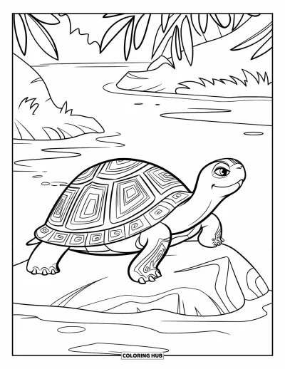 Desenho de tartarugas para colorir para crianças: Uma tartaruga com marcas tribais antigas no casco descansa perto de um riacho de correnteza suave