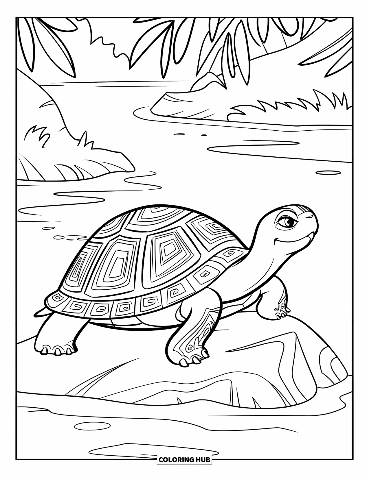 Turtle Coloring Page for Kids: A turtle with ancient tribal markings on its shell rests near a gently flowing stream
