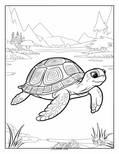 Desenho de tartarugas para colorir para crianças: Uma tartaruga com espirais detalhadas no casco observa o pôr do sol sobre águas calmas