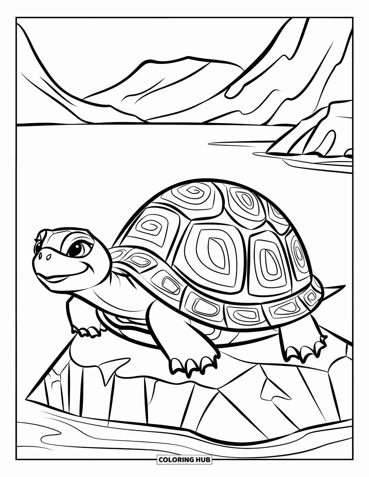 Turtle Coloring Page for Kids: A turtle with intricate tribal patterns on its shell rests on a rock near calm waters