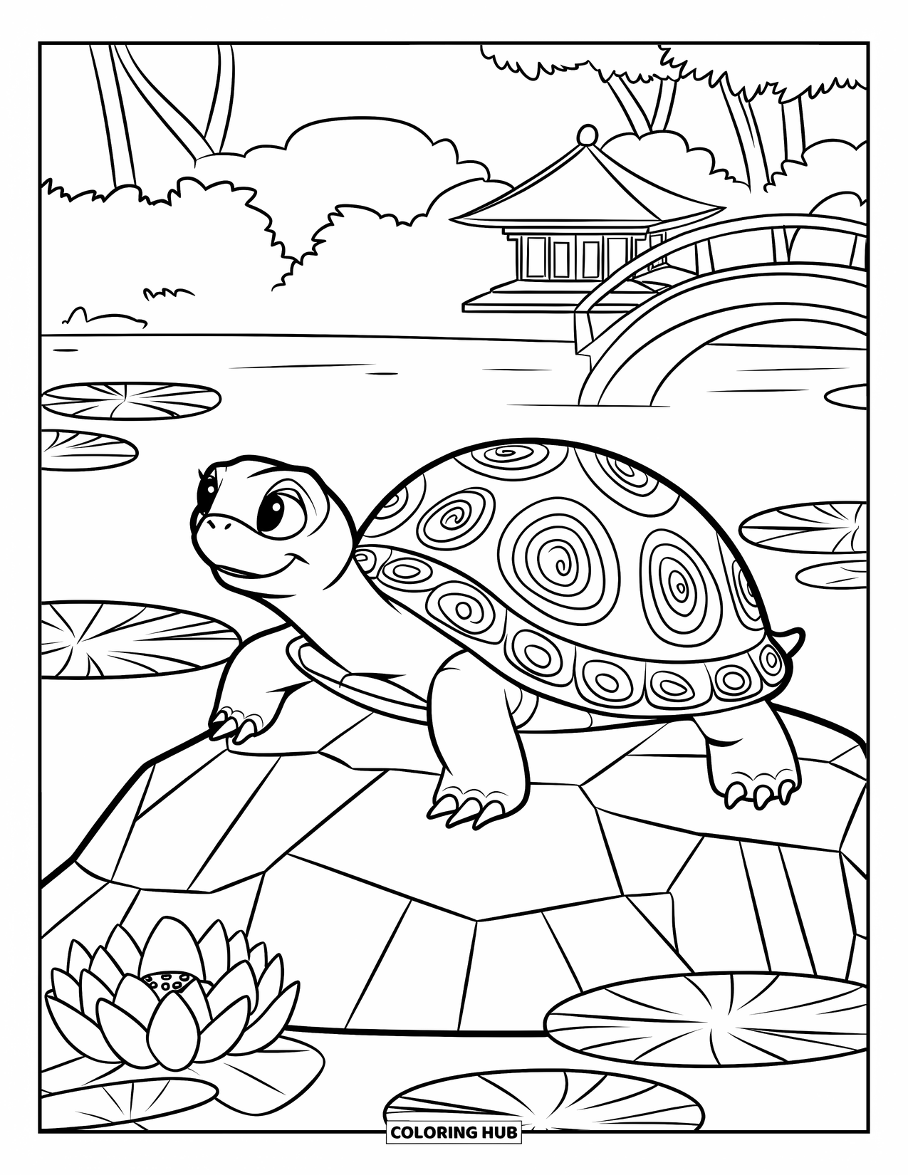 Turtle Coloring Page for Kids: A turtle with swirling shell patterns sits beside a still lake, framed by distant mountains