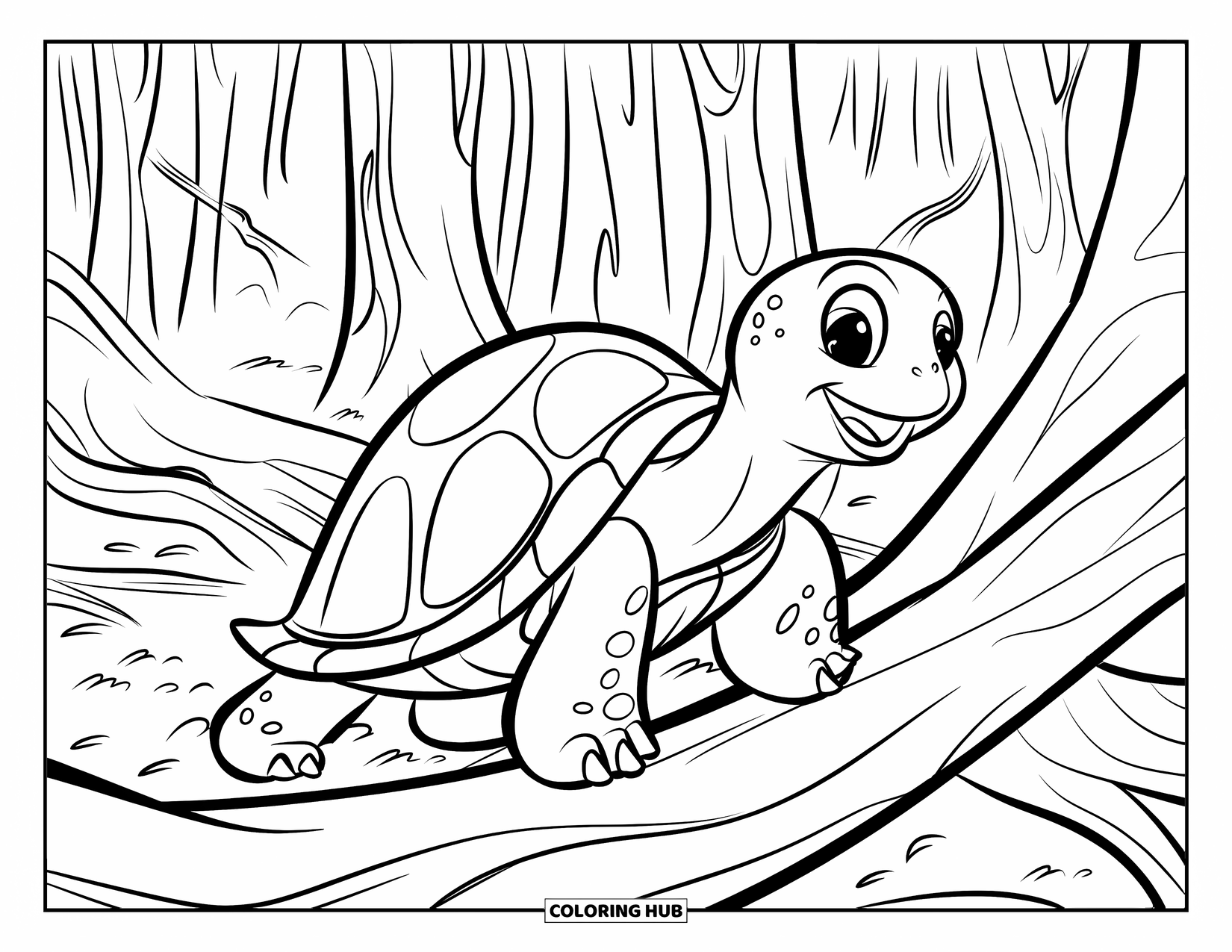 Turtle Coloring Page for Kids: A wandering turtle navigates a woodland trail, surrounded by towering trees and leaves