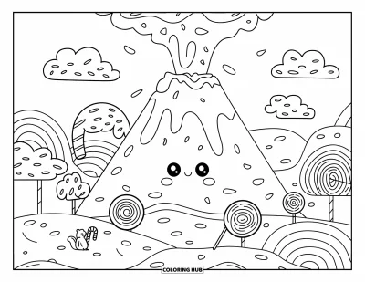 Coloriage de volcan pour adultes : Un volcan sur le thème des bonbons bouillonne avec du sucre fondu, entouré d’arbres de sucettes et de nuages de guimauve