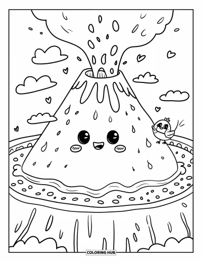 Coloriage de volcan pour adultes : Un volcan potelé avec de la lave pétillante et de minuscules joues rougissantes a un oiseau perché sur son cratère