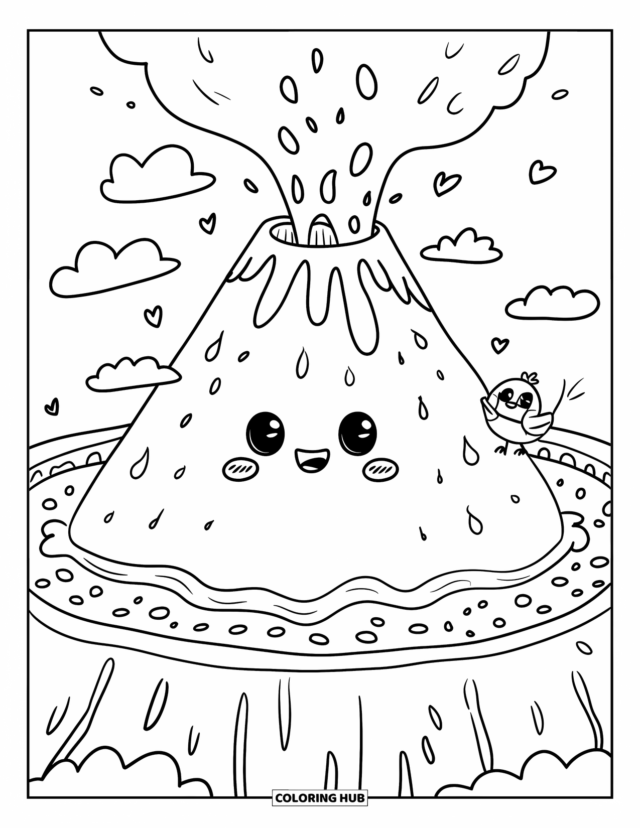 Volcano Coloring Page for Adults: A chubby volcano with bubbly lava and tiny blushing cheeks has a bird perched on its crater