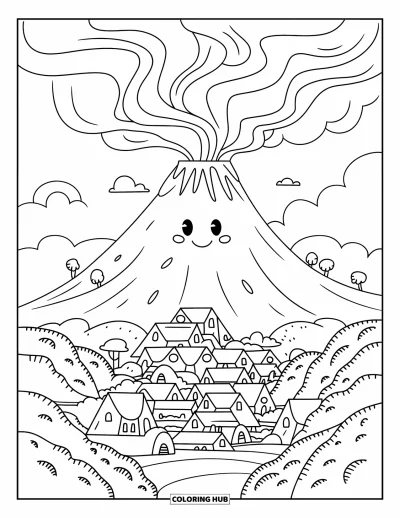 Coloriage de volcan pour adultes : Un volcan mignon avec un visage joyeux crache de la fumée tandis que de minuscules maisons se nichent à sa base