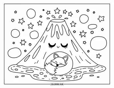 Coloriage de volcan pour adultes : Un volcan mignon avec une expression endormie, de la lave rougeoyante et un minuscule renard recroquevillé à proximité