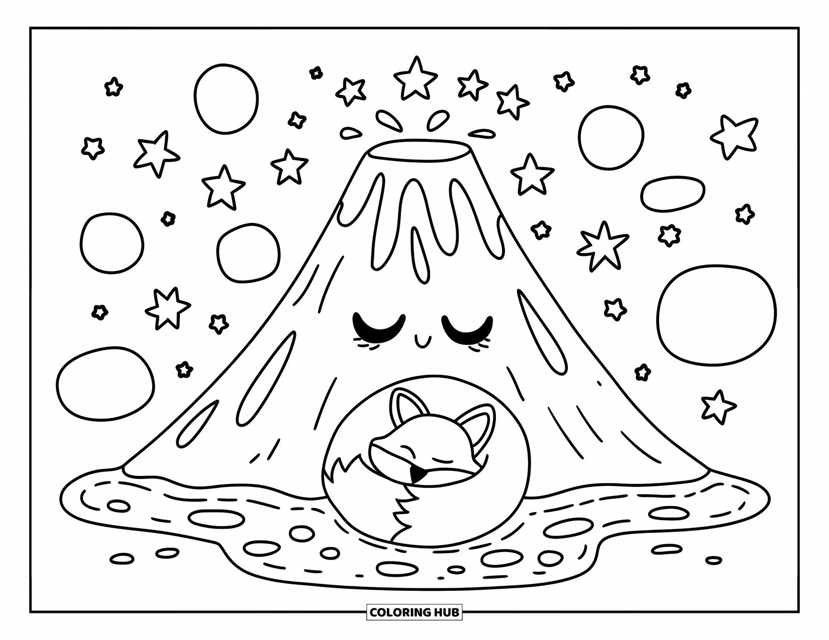 Volcano Coloring Page for Adults: A cute volcano with a sleepy expression, glowing lava, and a tiny fox curled up nearby