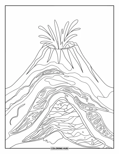 Coloriage de volcan pour adultes : Une coupe transversale détaillée d’un volcan affiche des chambres magmatiques, des formations rocheuses et des évents