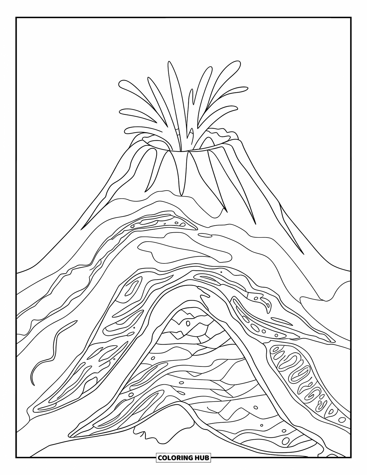 Volcano Coloring Page for Adults: A detailed cross-section of a volcano displays magma chambers, rock formations, and vents