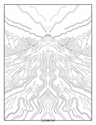 Coloriage de volcan pour adultes : Un motif de volcan détaillé présente de multiples pics, des coulées de lave et des formations rocheuses complexes