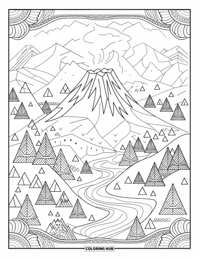 Coloriage de volcan pour adultes : Un volcan détaillé est situé parmi des motifs montagneux complexes, des arbres et des rivières