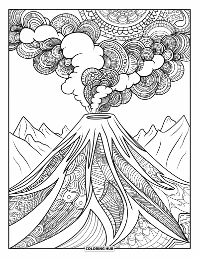 Coloriage de volcan pour adultes : Un volcan détaillé avec des motifs de lave hypnotiques et de la fumée tourbillonnante s’élève au-dessus de pics montagneux déchiquetés